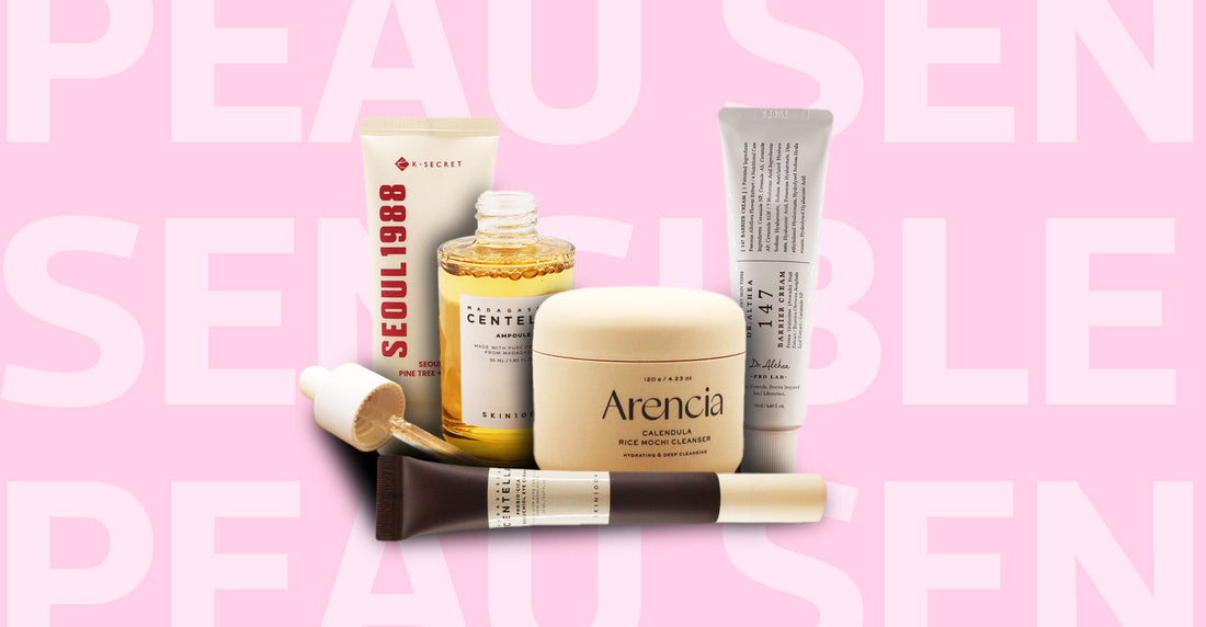 Routine skincare coréenne pour peau sensible Wawatte : Seoul1988 Sun SPF50+, Skin1004 Centella Ampoule, Arencia Calendula Rice Mochi Cleanser, Dr. Althea 147 Barrier Cream et contour des yeux sur fond rose